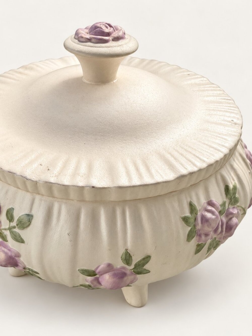 Ivory Lavender Rose Footed Lidded Decorative Bowl Cottagecore